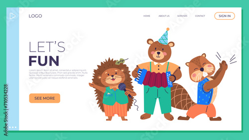 Animal party vector illustration. The birthday party in woods is cheerful with banquet happy beasts, turning forest into festive. Lets fun, hedgehog sings, bear plays accordion, beaver claps