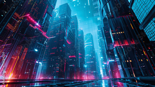 Futuristic urban landscape with Mijorni elements  such as luminous digital facades and neon lights