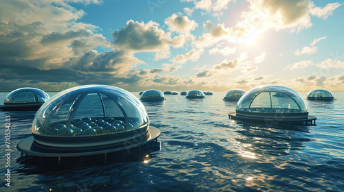 Helioforms floating in the ocean where sea products are grown using solar energy