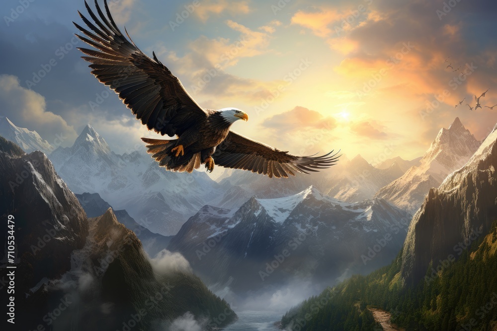 Fototapeta premium A large eagle gracefully glides through the sky over breathtaking mountain peaks, An eagle soaring high over a mountainous landscape, AI Generated
