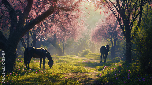 Horses in the spring forest, grazing among flowering trees, create a magical visual perception photo