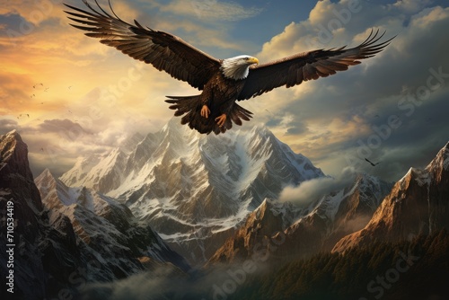 Marvel at the beauty and grace of an eagle as it glides through a breathtaking mountain landscape, An eagle soaring high over a mountainous landscape, AI Generated