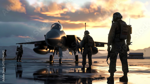 Image of a group of military pilots standing near fighters on the runway