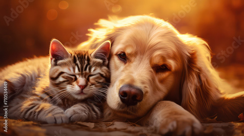 Cute Friendship: Two Adorable Pets, a Kitten and a Puppy, Sleeping Together on a Cozy Bed with a Grass Background