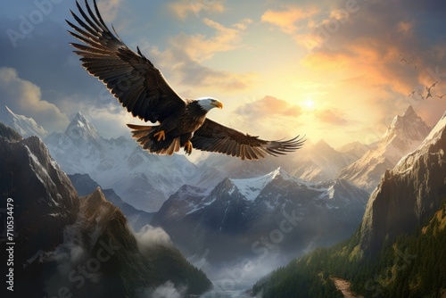 A large eagle gracefully glides through the sky over breathtaking mountain peaks, An eagle soaring high over a mountainous landscape, AI Generated © Iftikhar alam