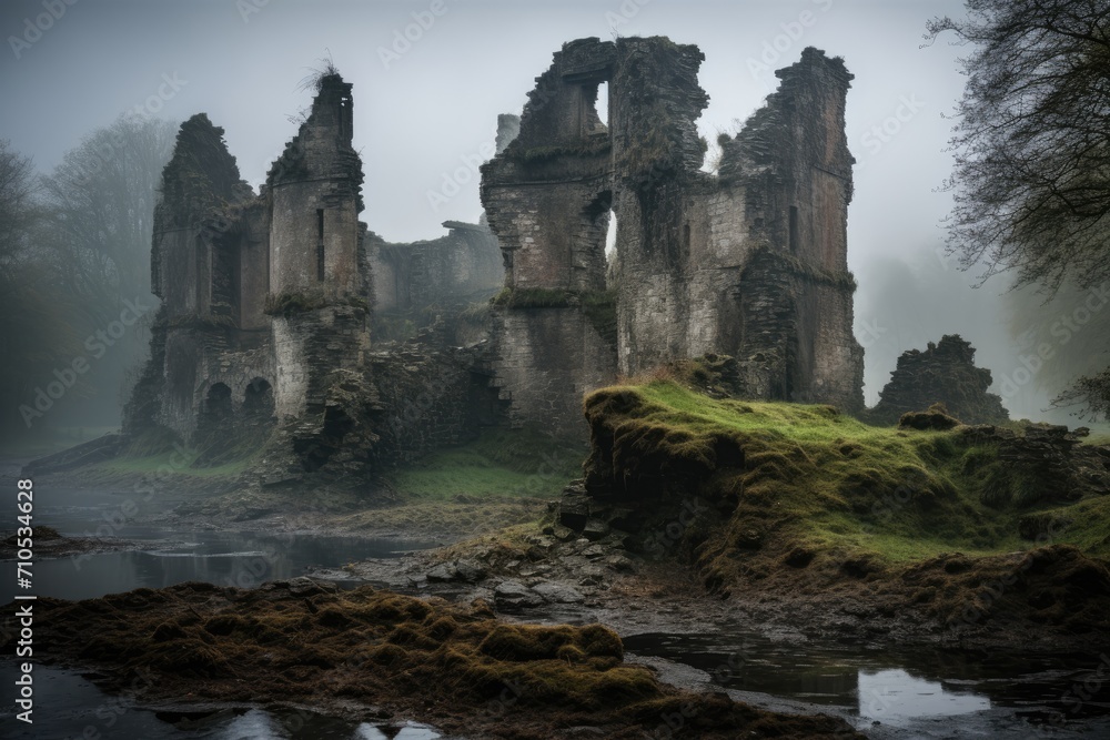 A striking castle emerges from the misty embrace of a dense forest, standing proudly amidst the ethereal atmosphere, An eerier ruined castle shrouded in mist, AI Generated