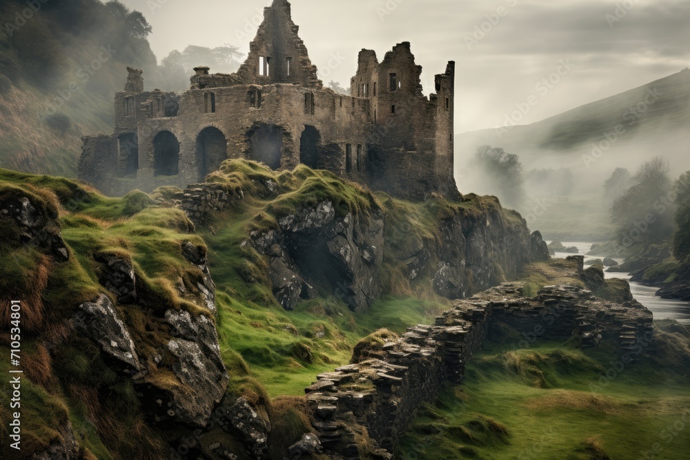 A majestic castle perched atop a beautiful, verdant hillside, surrounded by natures vibrant greenery, An eerier ruined castle shrouded in mist, AI Generated A majestic castle perched atop a beautiful, verdant hillside, surrounded by natures vibrant greenery, An eerier ruined castle shrouded in mist, AI Generated