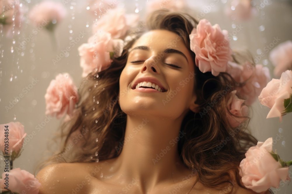 A joyful woman with a smile on her face stands in an outdoor garden surrounded by beautiful pink flowers, An elegant woman enjoying a surprise Mother's Day spa day, AI Generated