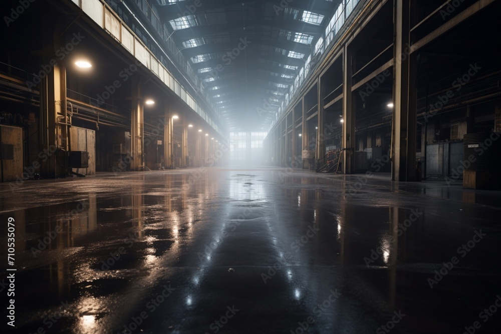 Illuminated Hangar Hues: Captivating Scene with a Bright Light. Dynamic Industrial Atmosphere