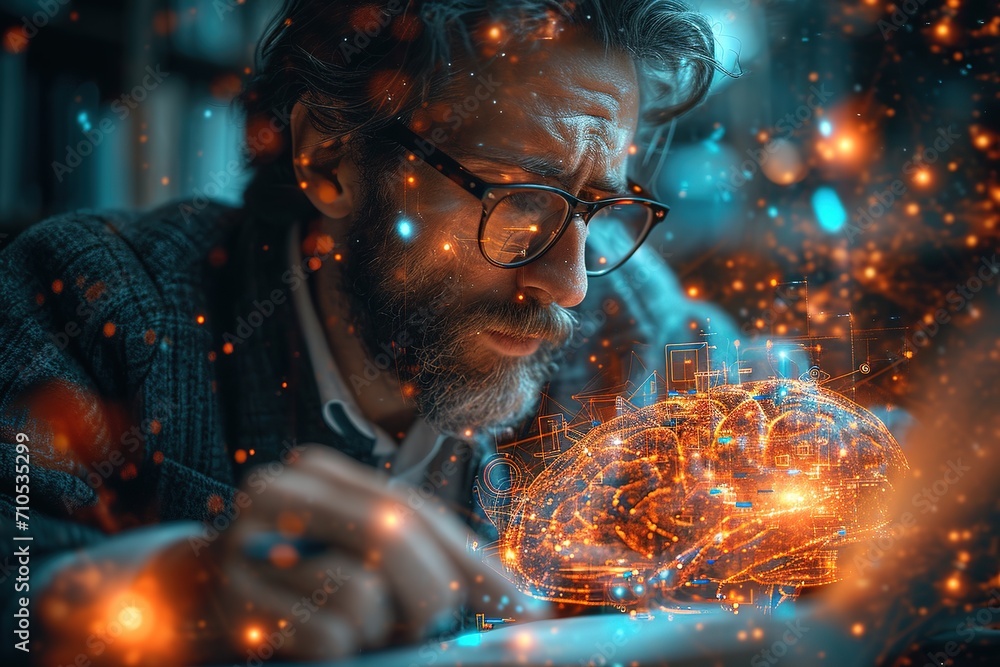 businessman in glasses creating futuristic human brain using technologies, in the style of digital print, traditional