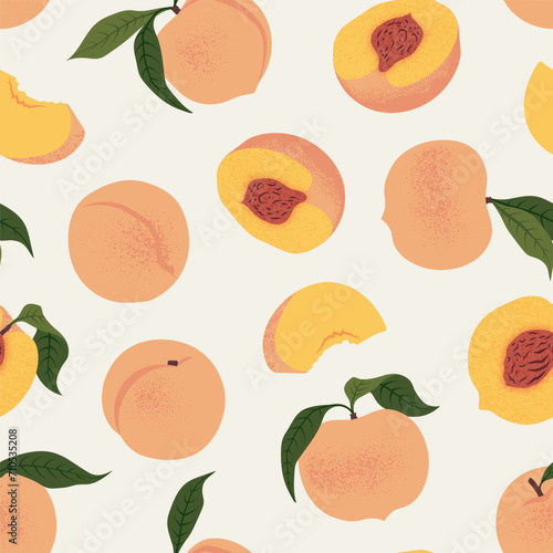 Fototapeta Naklejka Na Ścianę i Meble -  Fresh Slices Peach seamless pattern. Vector illustration in trendy retro style