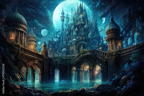 A mesmerizing painting of a castle set against the backdrop of a luminous full moon, An enchanting underwater cityscape with fantastical architecture, AI Generated