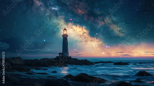 Photo of a lighthouse on the background of a strip of starry sky, creating a feeling of endless co