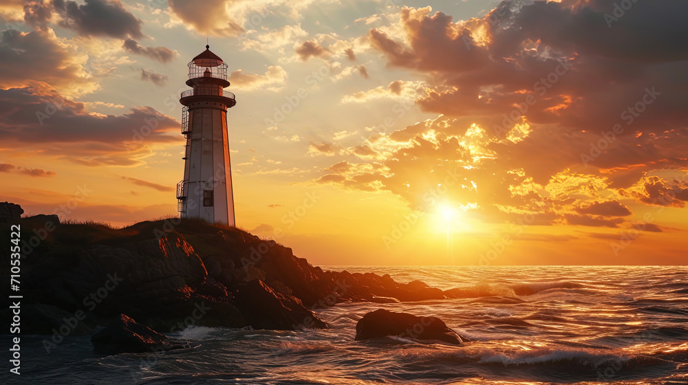 Photo of the lighthouse against the background of a warm summer sunset that creates a romantic and