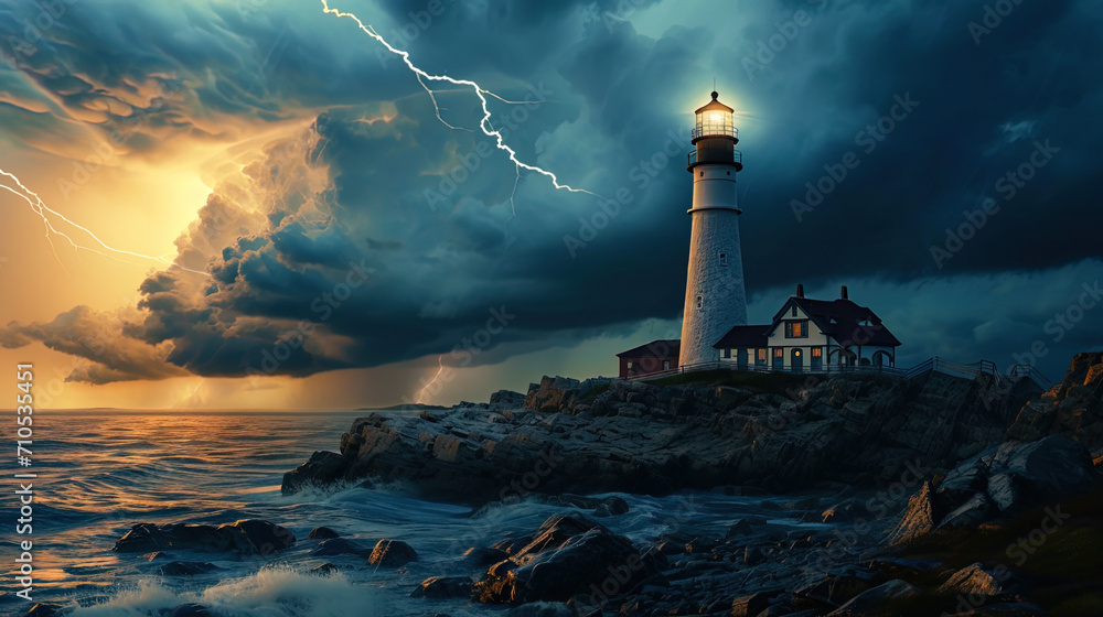 Photo of the lighthouse during a thunderstorm, when lightning highlights its structure, creating a