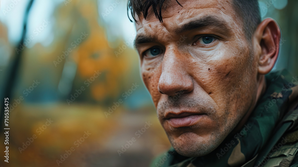 Portrait of a military instructor, with the background of the training ground and a decisive expre Portrait of a military instructor, with the background of the training ground and a decisive expre