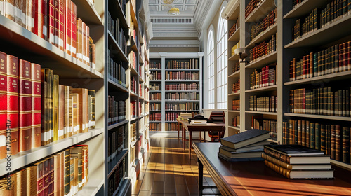 Photo of the library with books in bindings made of white leather with silver elements arranged ac photo