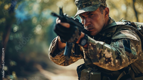 Portrait of a military instructor in combat training, demonstrating the shooting technique