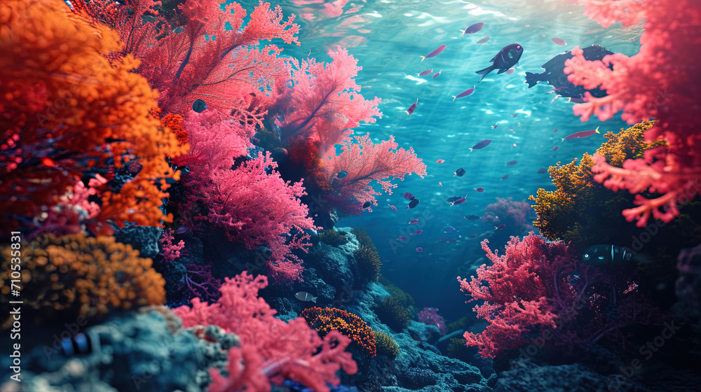 Swimming among corals in shades of pink and orange, deafeningly beautiful under water