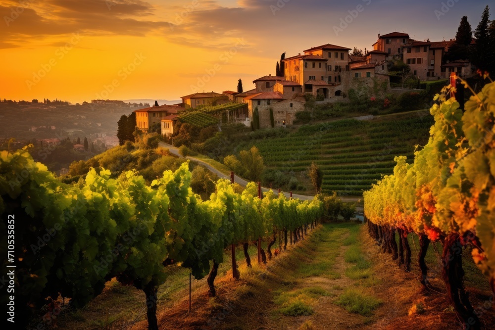 Capture the awe-inspiring beauty of a vineyard bathed in the warm hues of a stunning sunset, An exquisite Italian vineyard under the setting sun, AI Generated