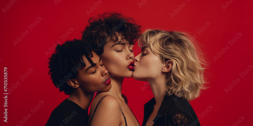 Love Triangle | Polyamores Paar küsst zu dritt - obrazy, fototapety, plakaty 