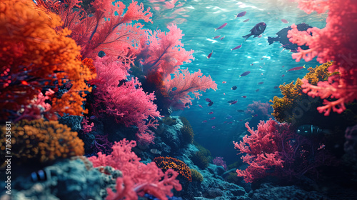 Swimming among corals in shades of pink and orange, deafeningly beautiful under water © JVLMediaUHD