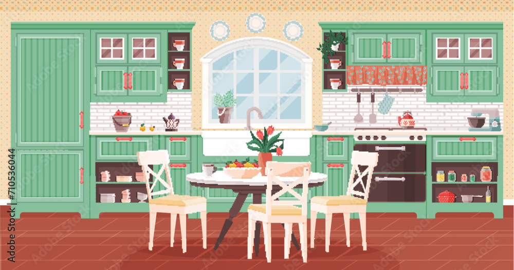Kitchen interior vector illustration. The domestic kitchen, adorned with stylish decor, becomes heart home Comfy dining room furniture complements warm atmosphere kitchen Homely decor in kitchen turns