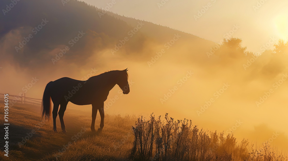 The bewitching scene: a horse, slowly walking along the morning fog, creates a picture of incredib The bewitching scene: a horse, slowly walking along the morning fog, creates a picture of incredib