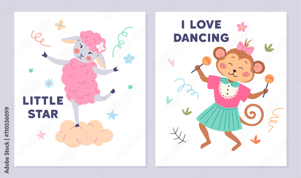 Animal party vector illustration. The wildlife celebration is cheerful feast happiness and entertainment forest with beasts into festive. Little star, i love dancing, pink sheep dances, monkey dances Animal party vector illustration. The wildlife celebration is cheerful feast happiness and entertainment forest with beasts into festive. Little star, i love dancing, pink sheep dances, monkey dances