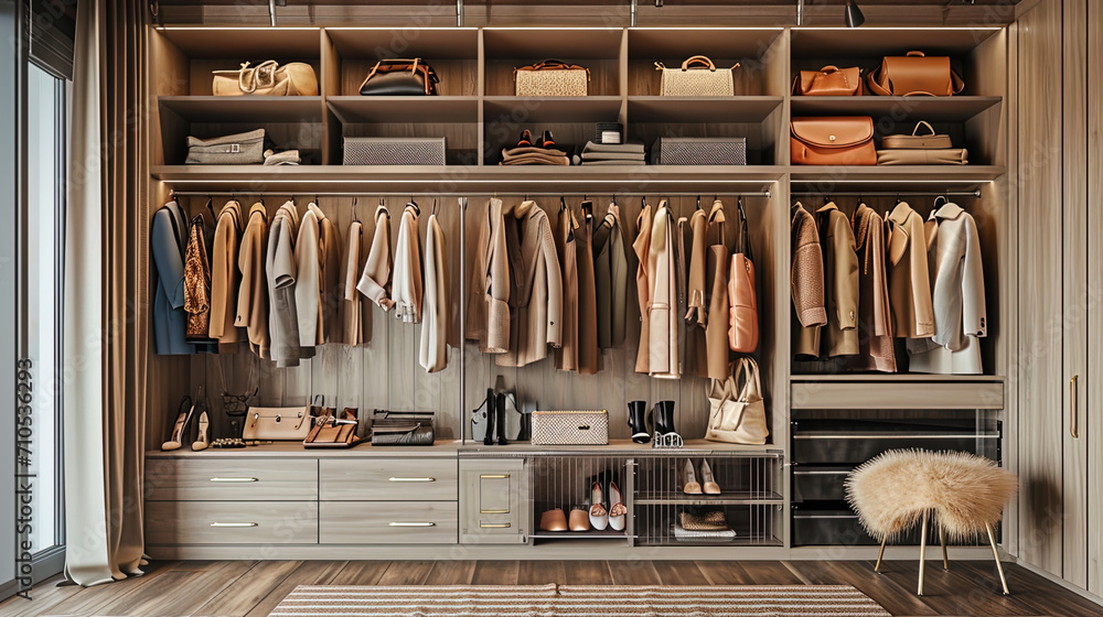 The image of a cozy wardrobe with shelves, on which rows of shoes, bags and accessories are carefu The image of a cozy wardrobe with shelves, on which rows of shoes, bags and accessories are carefu
