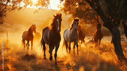The golden sunset that illuminates a group of running horses creates an inspiring picture of energ © JVLMediaUHD