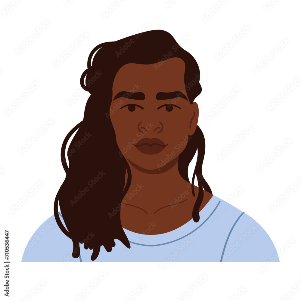 The avatar of a young African American man with long dreadlocks. Portrait of a male character for a social media profile. Bright vector illustration in a flat style The avatar of a young African American man with long dreadlocks. Portrait of a male character for a social media profile. Bright vector illustration in a flat style