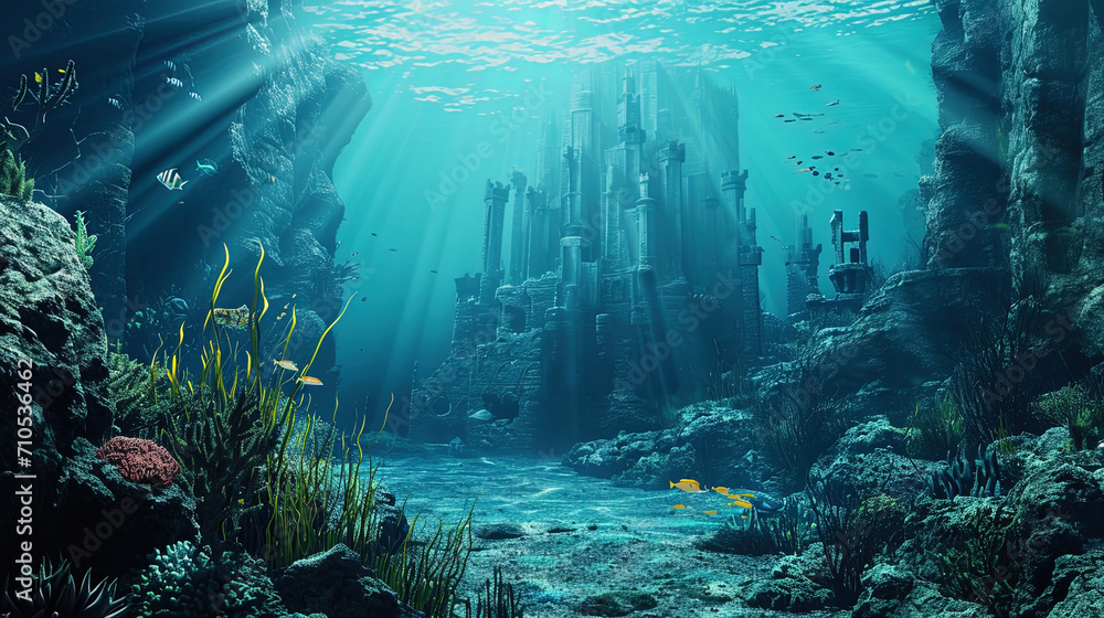 The ocean fairy tale with underwater caulals in the role of magic stones - obrazy, fototapety, plakaty 