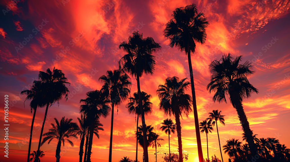 The silhouettes of palm trees at sunset, creating contrast with fiery shades of heaven