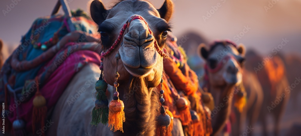 Fototapeta premium Vibrant Rajasthani Camels: Colorful Desert Scene with Low Depth of Field
