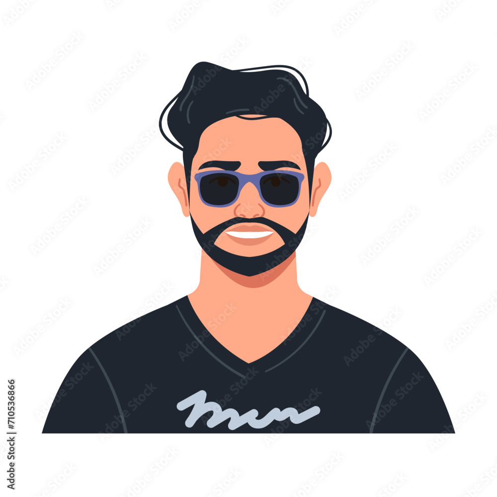 Portrait of a young smiling man with lush dark hair and sunglasses. A full-face avatar of a male character in a flat style for social media. Bright vector illustration Portrait of a young smiling man with lush dark hair and sunglasses. A full-face avatar of a male character in a flat style for social media. Bright vector illustration