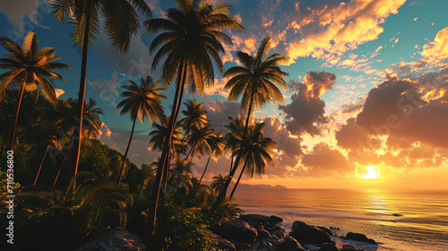 Tropical dawn, where palm trees dance under the first rays of morning light photo