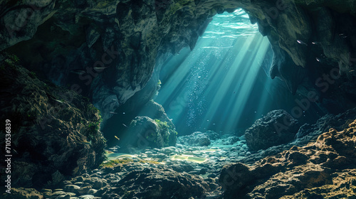 Underwater grotto with caralles creating mysterious light effects