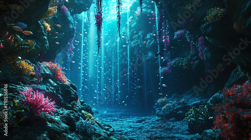 Underwater grotto, decorated with cauld garlands and iridescent colors of fish