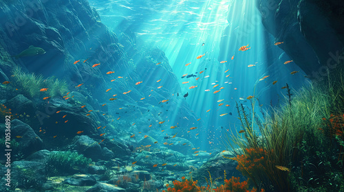 Underwater scene with beautiful hills of caulds and a crowd of playful fish © JVLMediaUHD