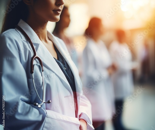 Cropped photo of doctors wearing white medical gowns and stethoscopes stand in a row in a modern clinical hospital in the rays of the sun, copy space. Healthcare, Medicine and Science concepts.