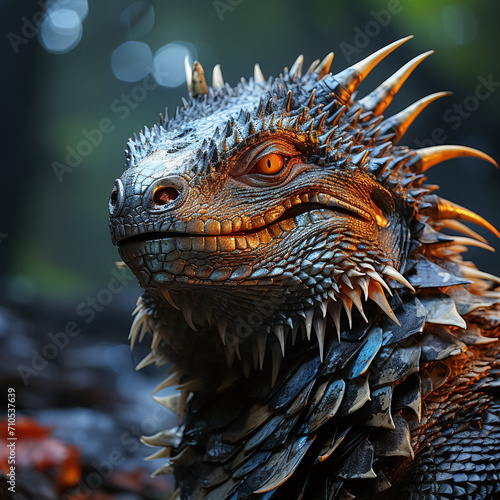 3D rendering of a fantasy dragon isolated on black background with bokeh. 