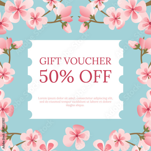 Gift Voucher with Cherry Blossom  Spring Flowers. Spring Sale Template. Vector Illustration.