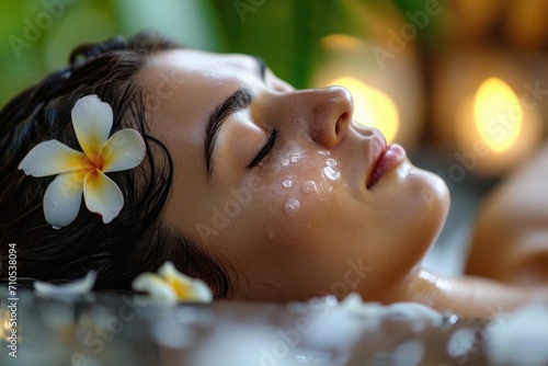 Luxurious spa relaxation, lady with flower, ambient lighting.