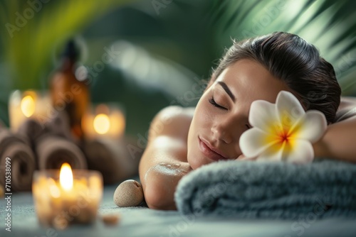 Woman enjoying a tranquil spa treatment, flower on ear, candles lit.