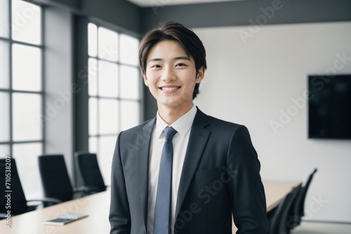 お洒落なオフィスで微笑むさわやかイケメンビジネスマン 20代 photo