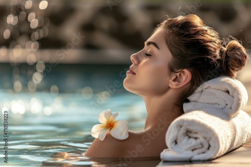 Blissful relaxation in pool, woman with flower, serene expression.