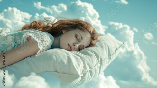 Slumber in the clouds, lady resting, peaceful sky setting.