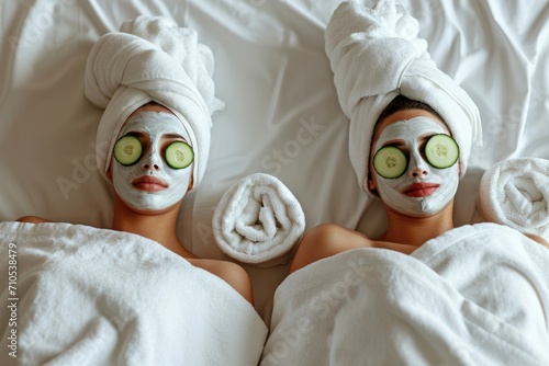 Friends enjoying a spa day with facial masks and cucumber eyes. photo