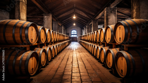 Rows of wine barrels in wine-vaults in order. Cellar with French barrique wine casks. Generative AI